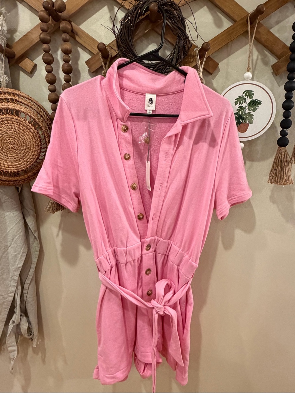 LAWLESS Pink Short-Sleeve Button Romper with Tie Waist
